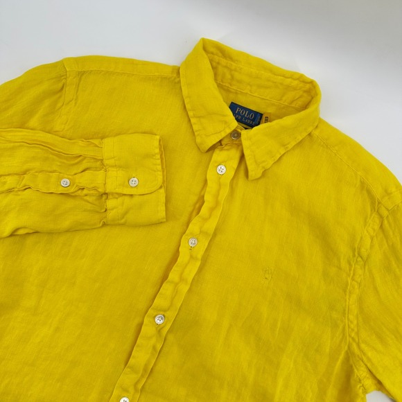 Polo Ralph Lauren Mens Medium Yellow Linen Long Sleeve Button Up relax fit Shirt - Picture 1 of 7